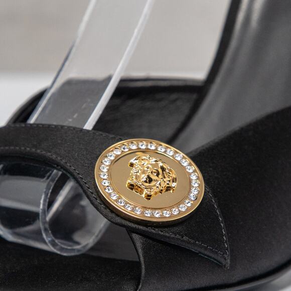 Versace Medusa Crystal Gold Medallion Black Satin Sandals, Size 37 EU (7 US) - Picture 9 of 11
